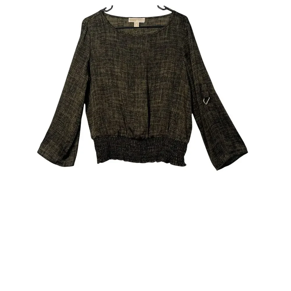 Michael Kors Top Womens Size M Olive Green Black Long Sleeve Satin Elastic Hem
